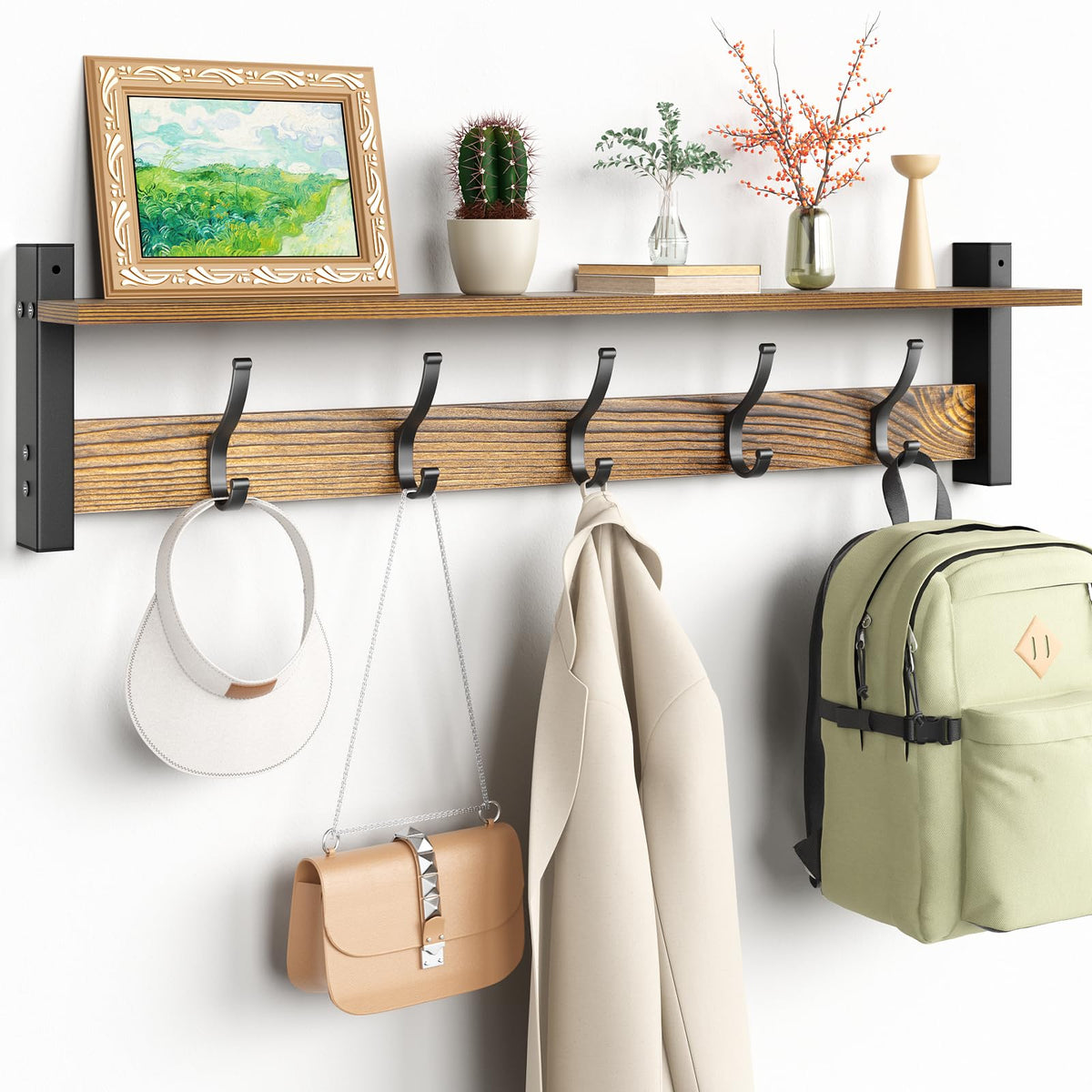 Optish Coat Rack Wall Mount with Shelf, 17.1 Inch Coat Hanger Walls Mounted, Hat Rack for Walls, Shelf with 5 Coat Hooks, Wall Hanger for Entryway (Black)