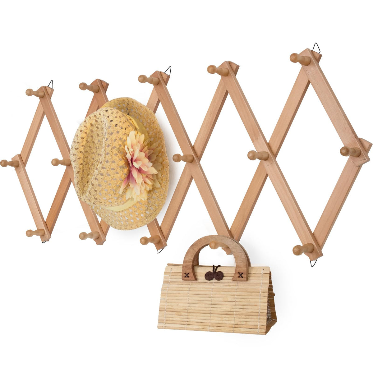 SCUNDA Hat Rack for Wall, Expandable Wall Hat Holder with 16 Hooks, 16 inch Wooden Wall Hook for Baseball Caps,Cowboy, Bag,Hoodie(Brown)