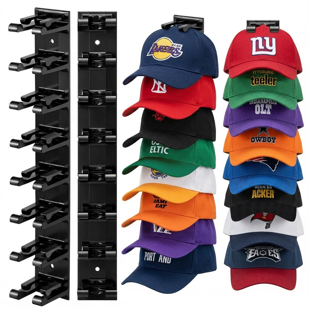 2 Pack Hat Organizer for Baseball Caps, Hat Rack for Wall Hold Up to 20 Hats, Hat Holder with Strong Adhesive and Screws, Hat Organizer Wall Mounted Hat Hanger Display for Door Closet Bedroom(B-Black)