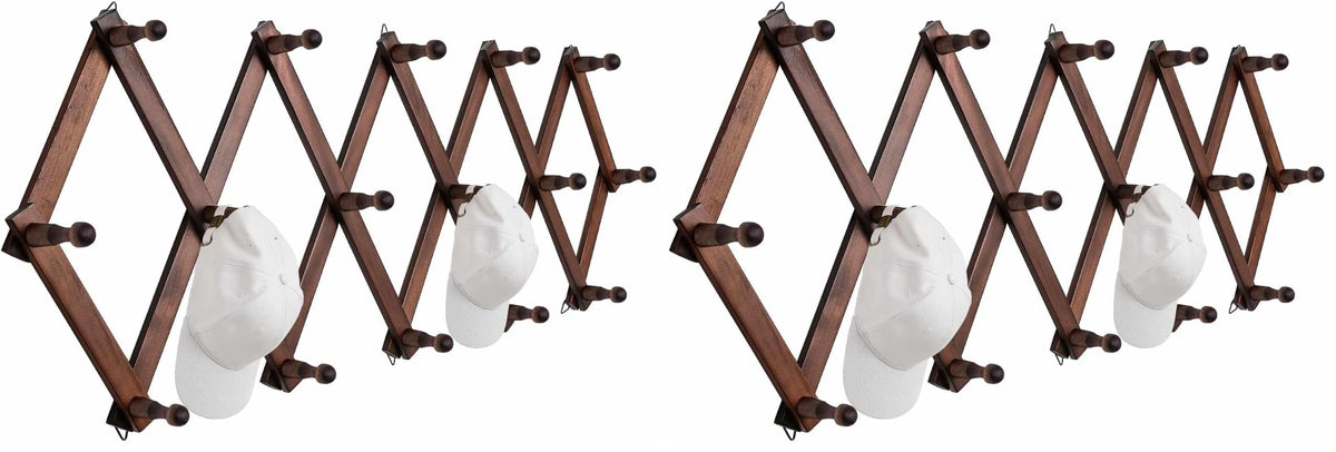 SCUNDA Hat Rack for Wall, Expandable Wall Hat Holder with 16 Hooks, 16 inch Wooden Wall Hook for Baseball Caps,Cowboy, Bag,Hoodie(Brown)
