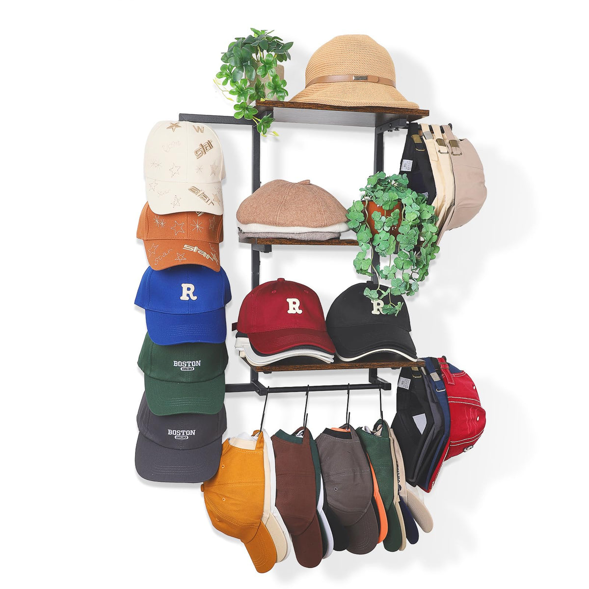 Keebofly Wall Hat Rack with Shelf, Multi-function Baseball Cap Organizer & Holder with 12 Hooks，Displays & Stores 60+ Caps, Multi-Level Wall Mount Hat Organizer Stand for Closet, Entryway, Bedroom