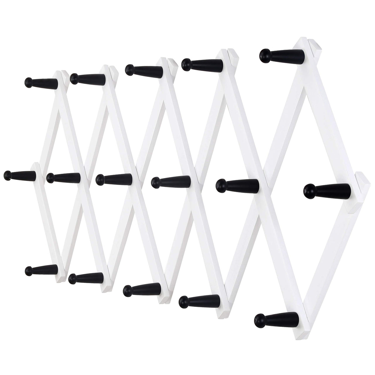 Dseap Accordian Wall Hanger: 16” High Wooden Wall Expandable Coat Rack, Hat Rack Holder, Accordion Hook for Baseball Caps, Coats, Mugs, 13 Peg Hooks, White
