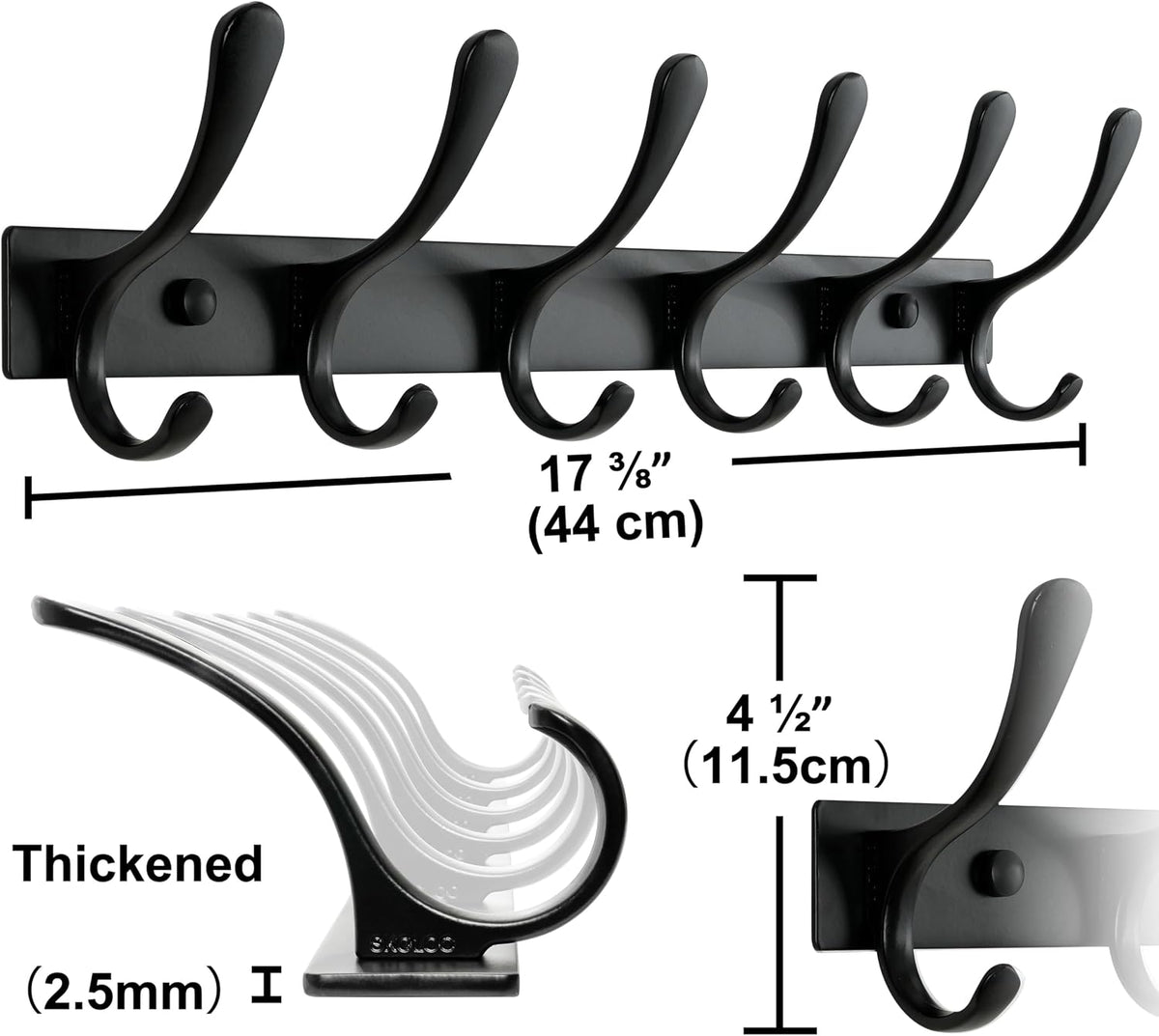 SKOLOO Coat Rack Wall Mounted - 6 Hooks, Heavy Duty, Stainless Steel, Metal Wall Hanger, Sturdy Coat Hooks for Hanging Coats, Jacket, Clothes, Hats - Black