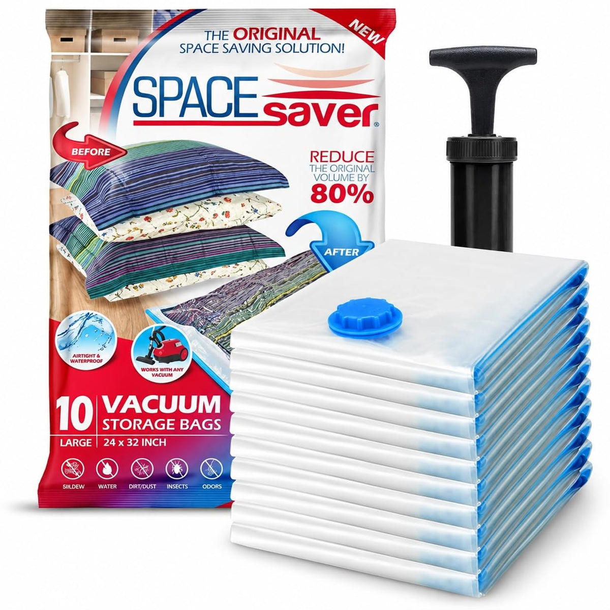 Spacesaver Vacuum Storage Bags with Hand Pump, Jumbo, 10 Pack