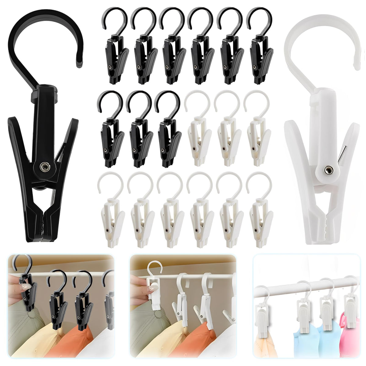 VinBee 20 PCS Laundry Hooks with Clips Super Strong Plastic Home Travel Swivel Hanging Hanger Closet Organizer Clamps Socks Boot Bras Towels for Bathroom Wardrobe Kitchen Office - 4.3 Inches (Black)