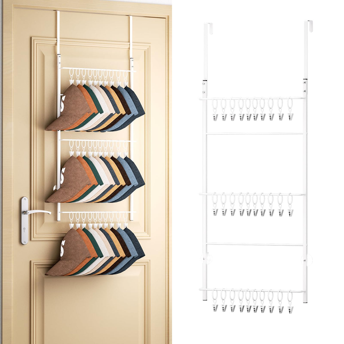 HapiRm Over Door Hat Rack - 3 Tier Wall Mounted Hat Organizer with 16 Hooks and 10 Movable Clips, Baseball Cap Organizer Storage Holds up to 26 Caps for Door, Bedroom, Closet USPTO Patented