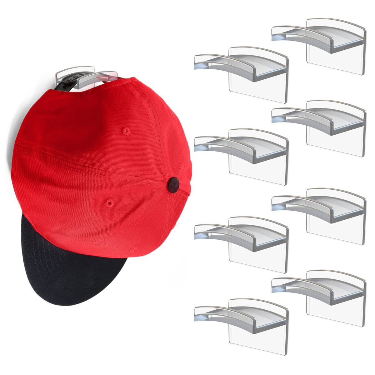 Modern JP Adhesive Hat Hooks for Wall (16-Pack) - Minimalist Hat Rack Design, No Drilling, Strong Hold Hat Hangers - USA Patented, Clear