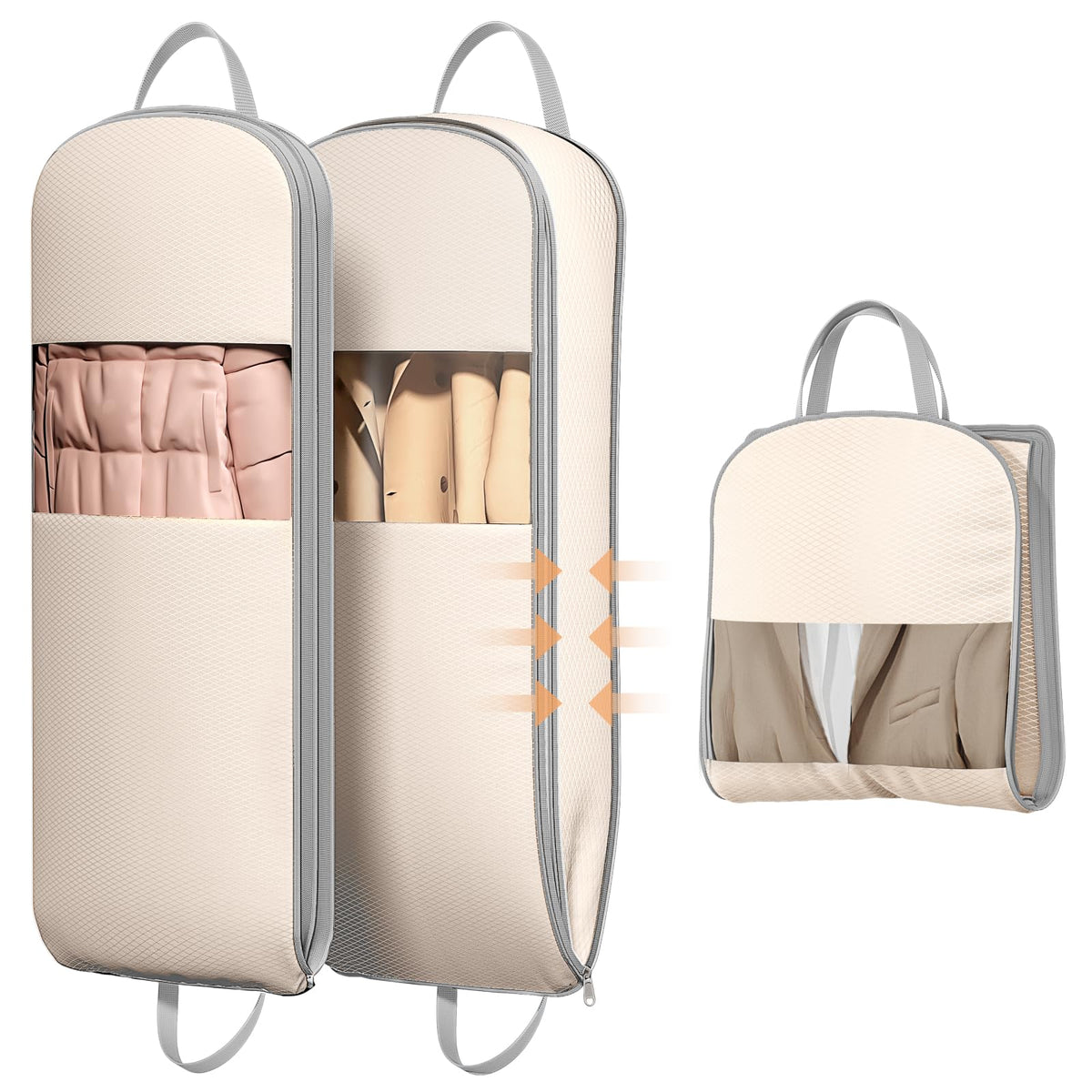 DIMJ 4 Pack 43" Compression Garment Bags for Hanging Clothes With Carry Handles and Window, Space Saving Washable Suit Bag for Dress, Clothes, Coats, Down Jacket, Closet Storage, Moving, Travel