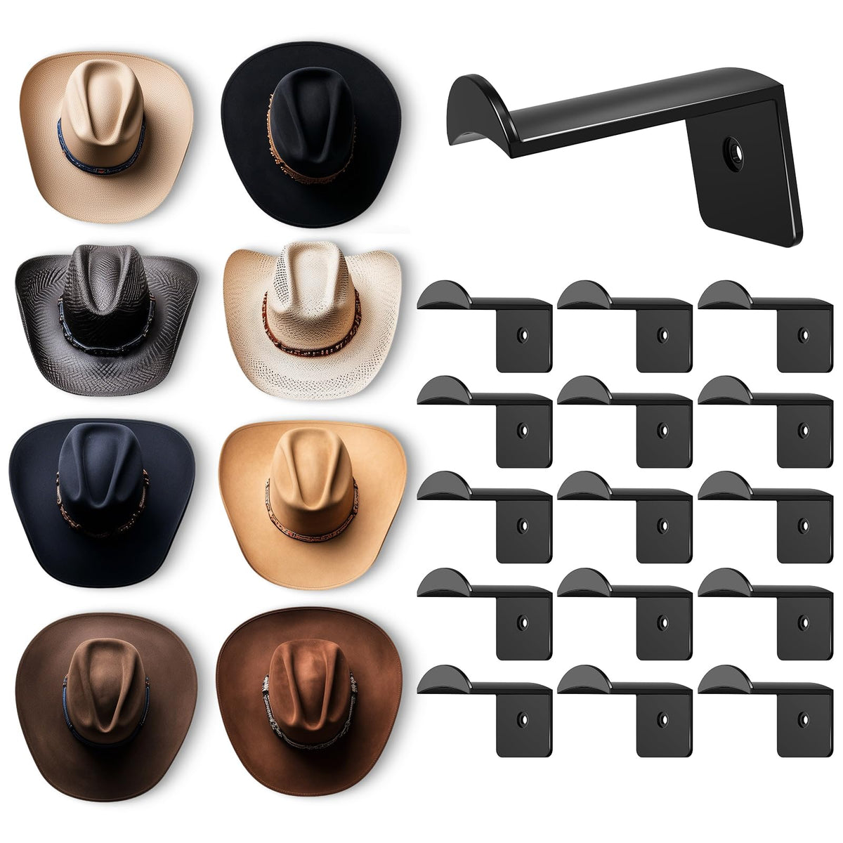 Aoodaily 2.8 Inch Hat Hooks for Wall - (8 Pack) Cowboy Hat Rack, Strong Adhesive Cap Holder, Organizer for Baseball Caps, Western Room Decor - Black