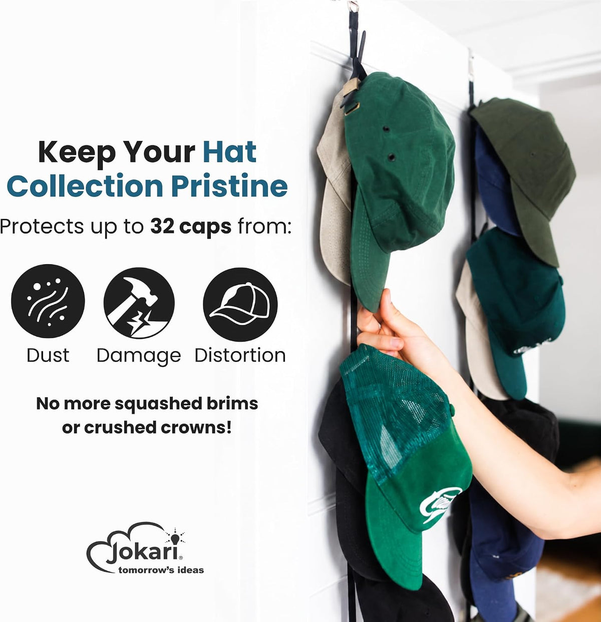 Jokari Over the Door Cap Rack Organizer 2 Pack Holds Up to 16 Baseball Hats