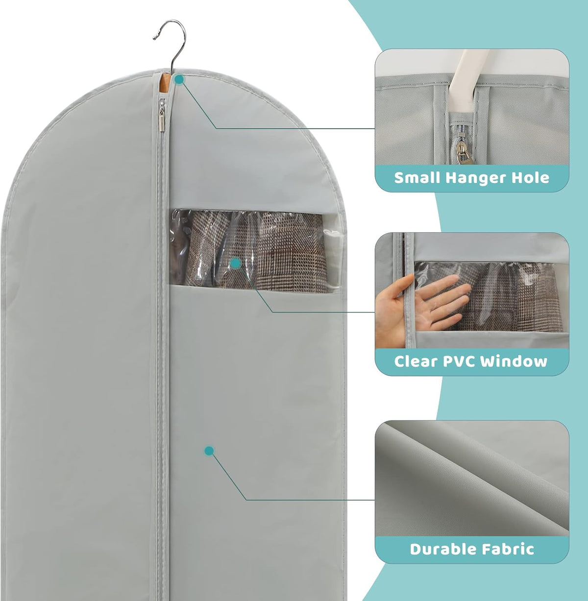 4 Pack - 65" Dress Garment Bags for Hanging Clothes, Dress Bags for Gowns Long, Foldable Long Garment Bag with Clear Window for Closet Storage and Travel - Gray