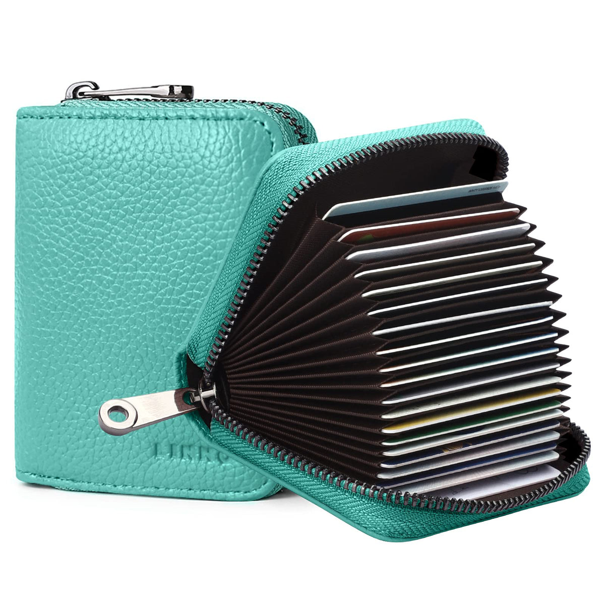 Linno RFID 20 Slots Credit Card Holder Genuine Leather Small Wallet for Women or Men with Zipper