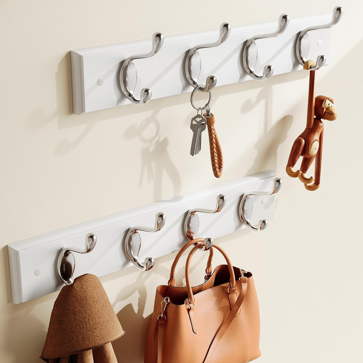 Amada Coat Rack Wall Mount 2 Pack, Coat Hangers with 8 Hooks, White
