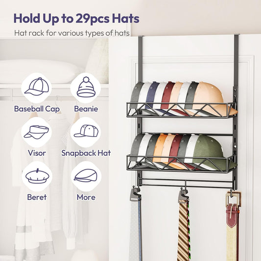 SWTYMIKI Over Door Hat Organizer - 3 Tier Wall Mounted Hat Rack with 2 Adjustable Metal Basket and 3 Hooks, Hanging Baseball Cap Organizer Storage Holds up to 29 Caps for Door, Bedroom, Closet