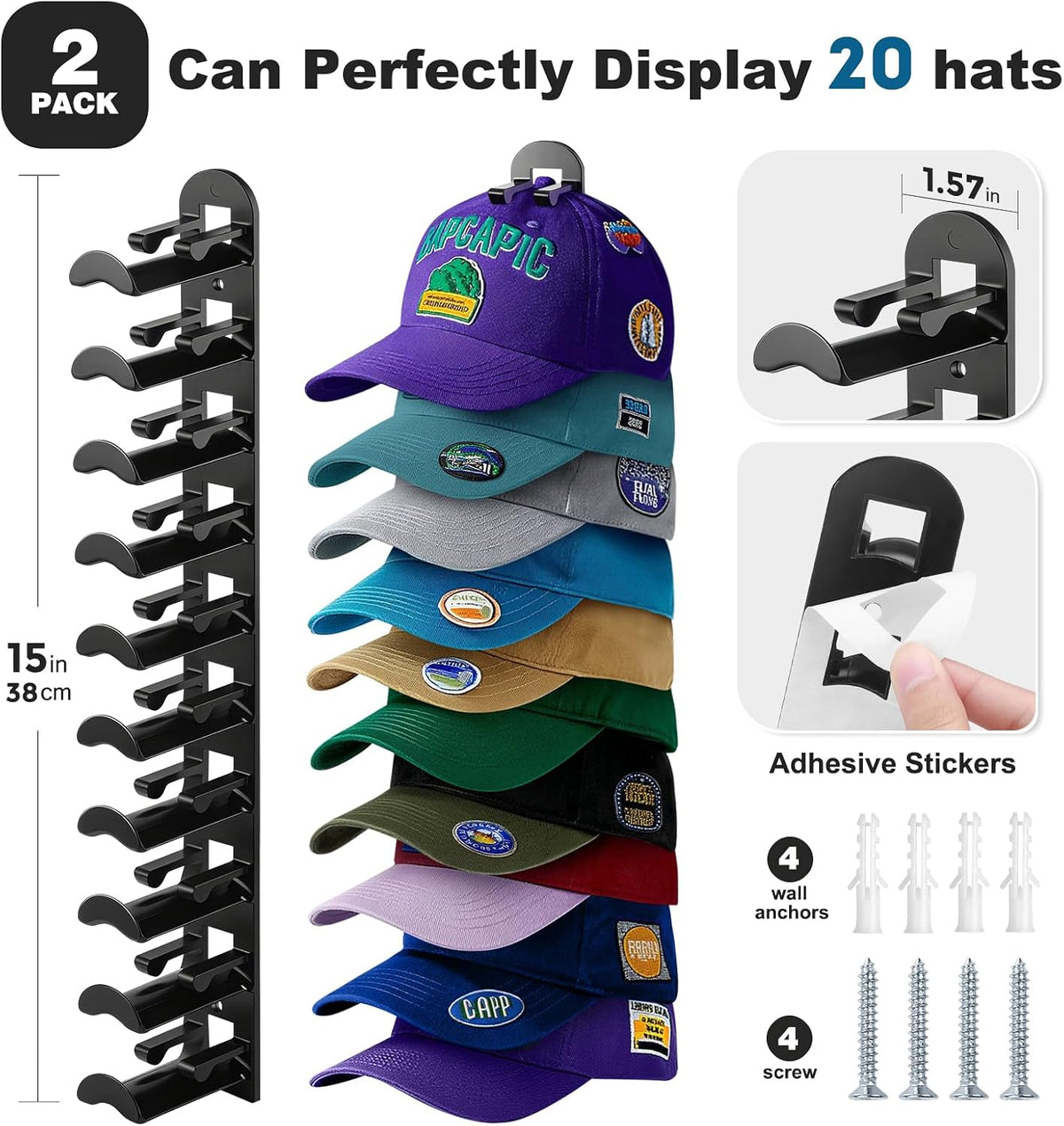 2 Pack Hat Organizer for Baseball Caps, Hat Rack for Wall Hold Up to 20 Hats, Hat Holder with Strong Adhesive and Screws, Hat Organizer Wall Mounted Hat Hanger Display for Door Closet Bedroom(B-Black)