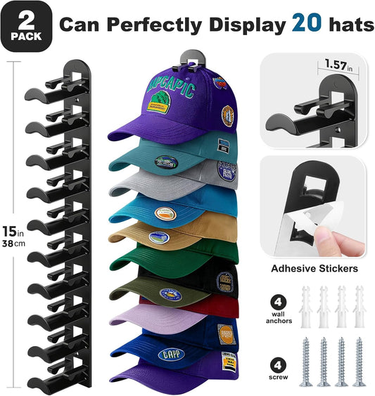 2 Pack Hat Organizer for Baseball Caps, Hat Rack for Wall Hold Up to 20 Hats, Hat Holder with Strong Adhesive and Screws, Hat Organizer Wall Mounted Hat Hanger Display for Door Closet Bedroom(B-Black)