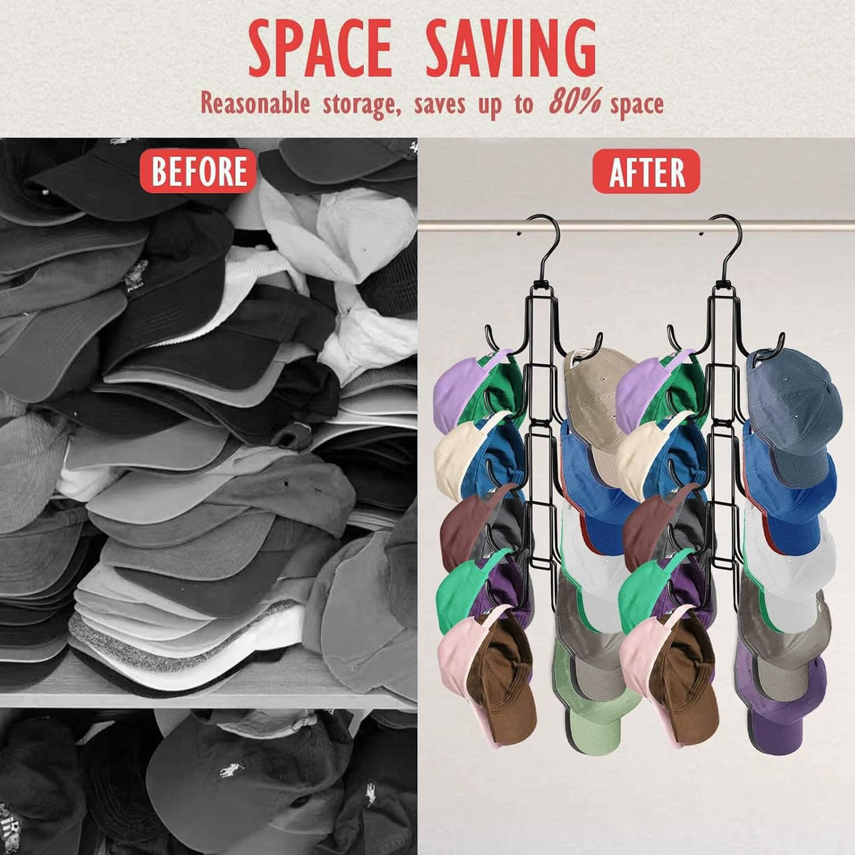 Hat Organizer for Closet: Collapsible Caps Rack with 10 Large Hooks