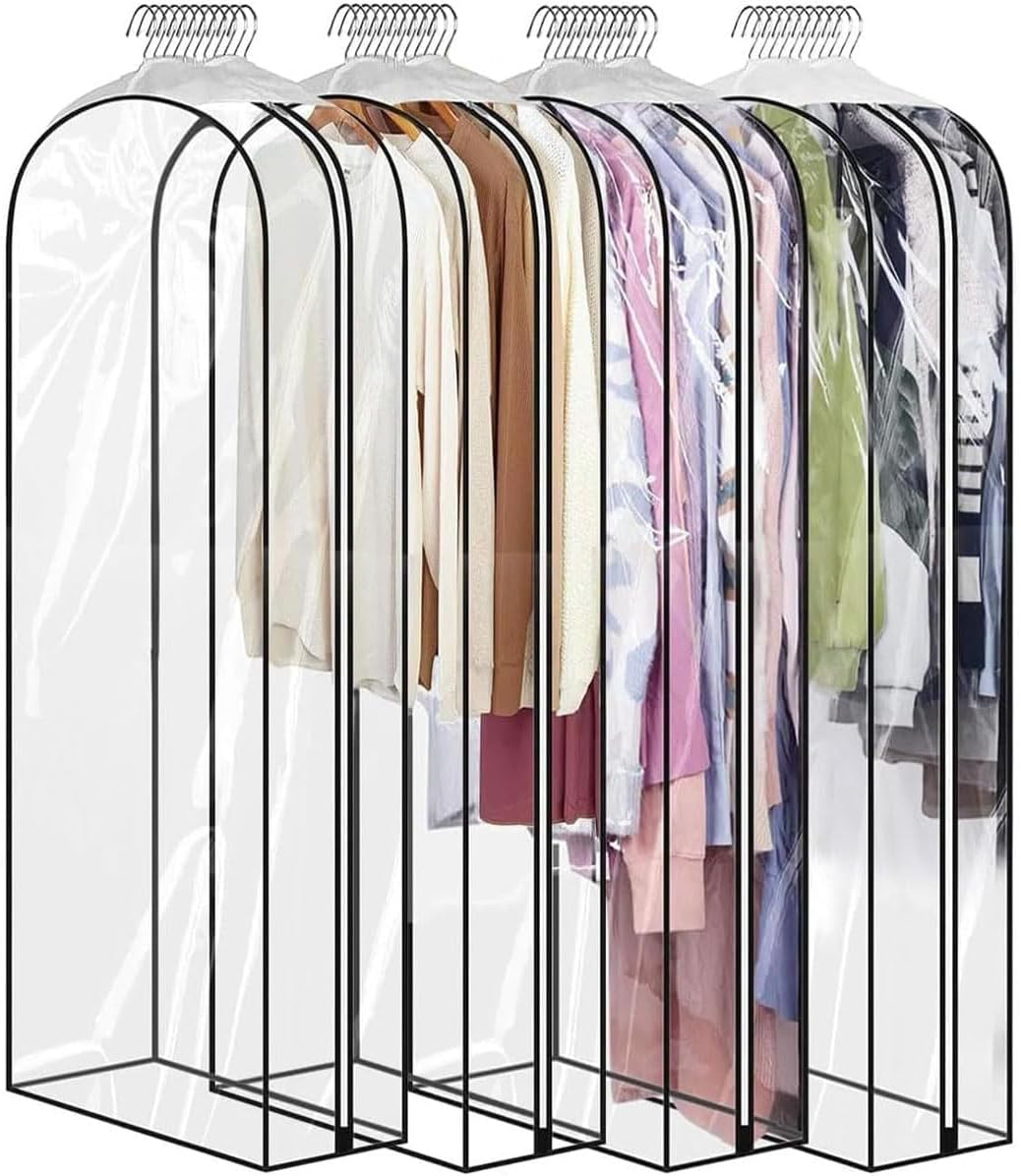 60" Clear Clothes Hangers with Smooth Side Zipper, 10" Gusseted Waterproof Garment Bags for Shirts, Coats, Dresses, Suits, 4 Pack