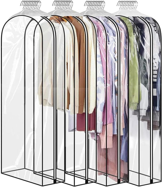 60" Clear Clothes Hangers with Smooth Side Zipper, 10" Gusseted Waterproof Garment Bags for Shirts, Coats, Dresses, Suits, 4 Pack