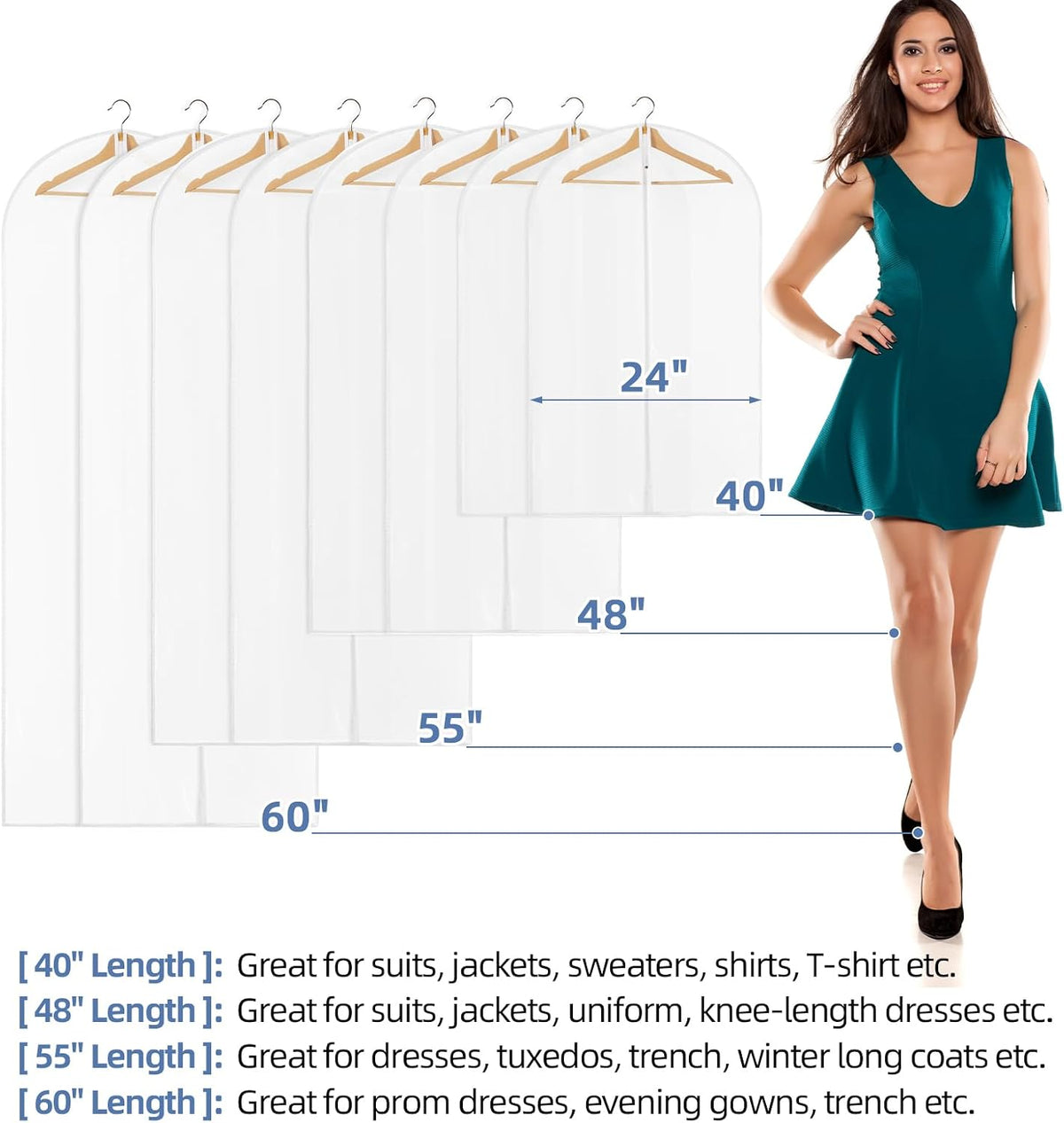 40" All Clear Garment Bags for Hanging Clothes, 12 Packs Suit Bags for Closet Storage, Plastic Waterproof Suit Cover Bags with Zipper for Coats, Jackets, Shirts (Set of 12)