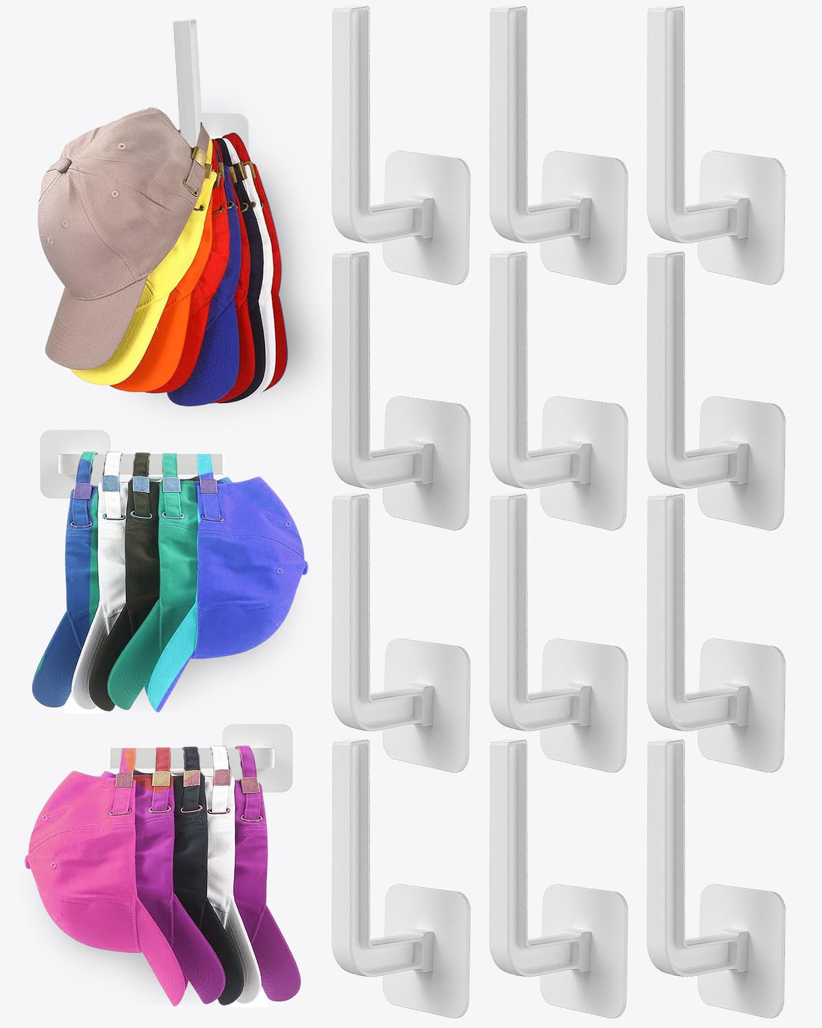 Hat Rack for Hat Storage (4-Pack), Multi-Purpose Hat Organizer, Strong Adhesive Hat Hooks for Wall Organizer for Baseball Caps, Two Mounting Options Hook, Black