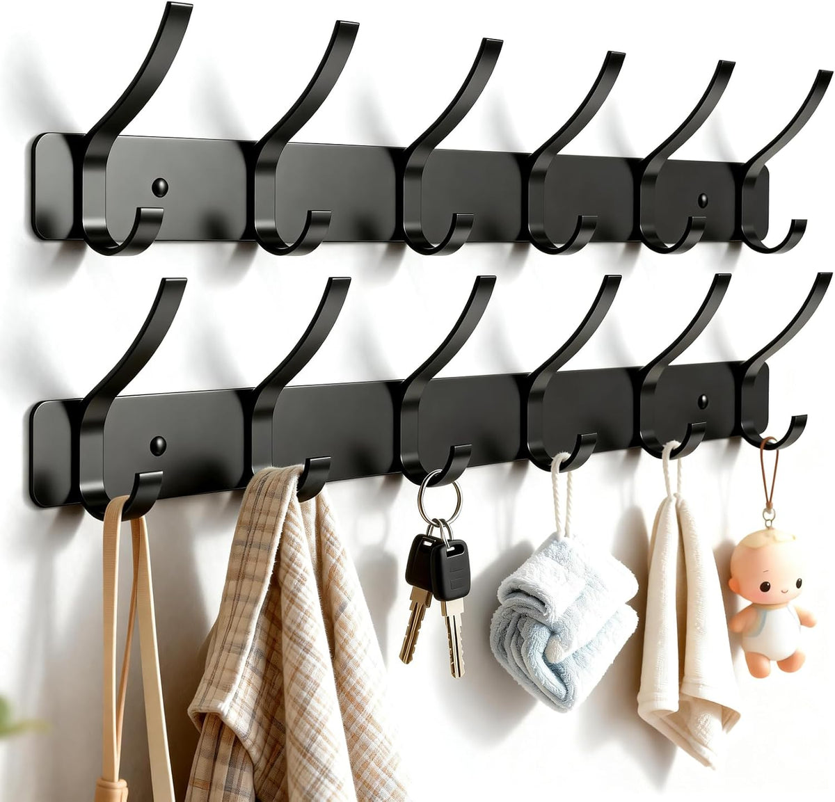 Wall Mounted Coat Rack, 6 Hooks for Hanging Clothes, Black, 2-Pack