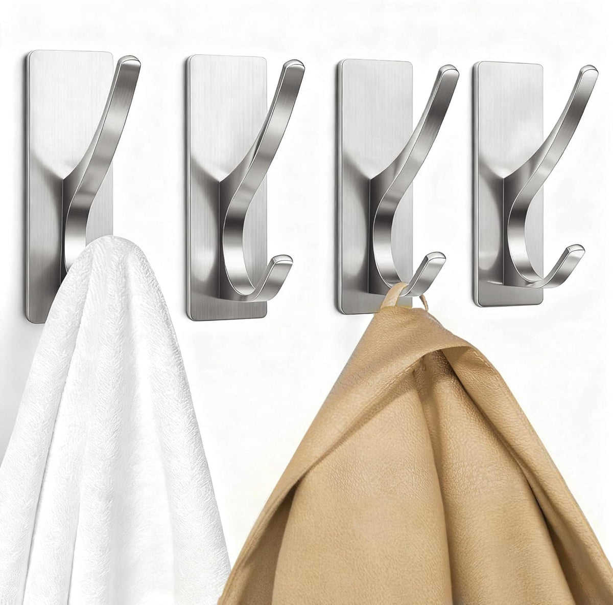 10 Pack Brushed Gold Self Adhesive Coat Hooks for Hanging: 13LB Extra Strong Stainless Double Wall Hook for Towel, Backpack, Hat, Sturdy Metal Hanger for Bathroom, Bedroom, Door, Wall Mounted