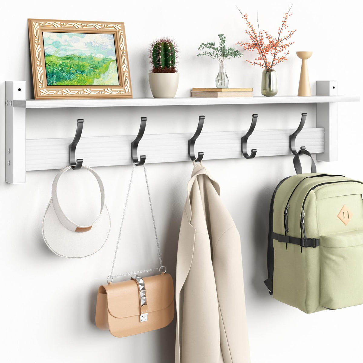 Optish Coat Rack Wall Mount with Shelf, 17.1 Inch Coat Hanger Walls Mounted, Hat Rack for Walls, Shelf with 5 Coat Hooks, Wall Hanger for Entryway (Black)