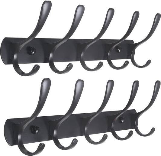 SKOLOO Coat Rack Wall Mount - Modern, Metal Wall Coat Rack with 5 Hooks, Pack of 2, Sturdy Wall Mounted Coat Hooks for Hanging Coat, Jacket, Clothes, Hat, Matte Black