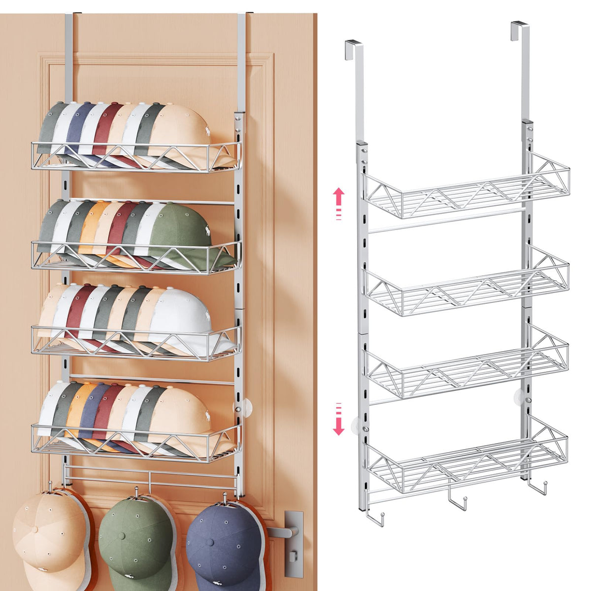 SWTYMIKI Over Door Hat Organizer - 3 Tier Wall Mounted Hat Rack with 2 Adjustable Metal Basket and 3 Hooks, Hanging Baseball Cap Organizer Storage Holds up to 29 Caps for Door, Bedroom, Closet