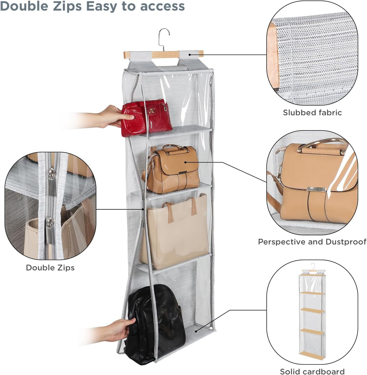 Syeeiex Hanging Handbag Purse Organizer with Zippers, 4 Mesh Shelves, Grey