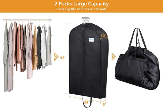 MISSLO Garment Bags for Travel Heavy Duty Moving Bags Large Capacity Hanging Clothes Bag for 20 Shirts Waterproof Fabric Suit Covers for Closet Storage 2 Packs, 43"