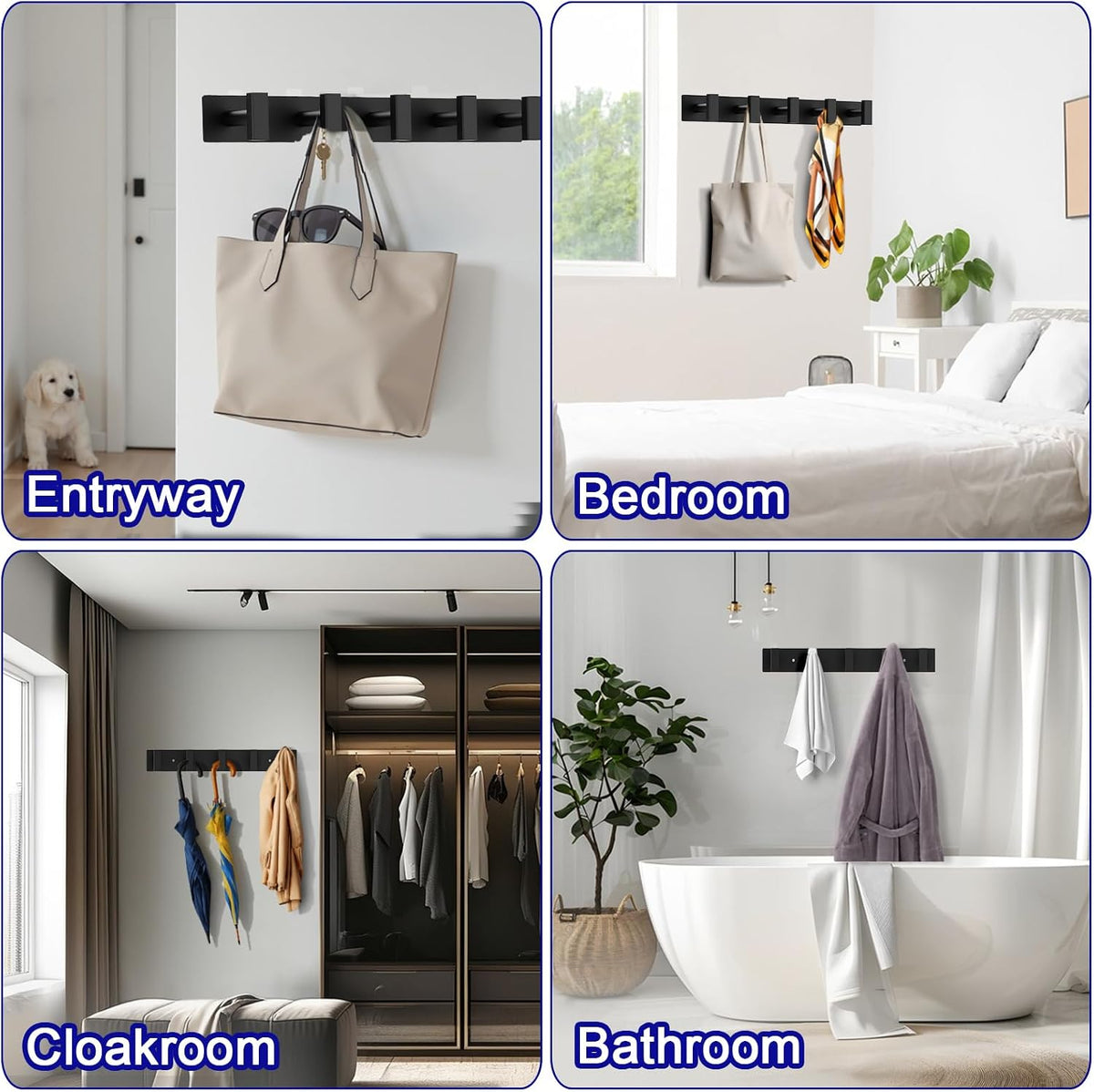 Bntuk Coat Rack Wall Mount - 5 Coat Hooks, Towel Racks for Bathroom Robes Bags Keys, Hat Rack Wall Towel Hooks Organizer Essential (Black)