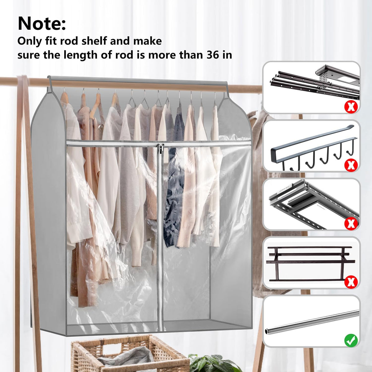 Garment Bags for Hanging Clothes Storage Closet Garment Rack Cover Dust Proof Coat Protector for Suits Jackets with Large Clear Window (Grey)