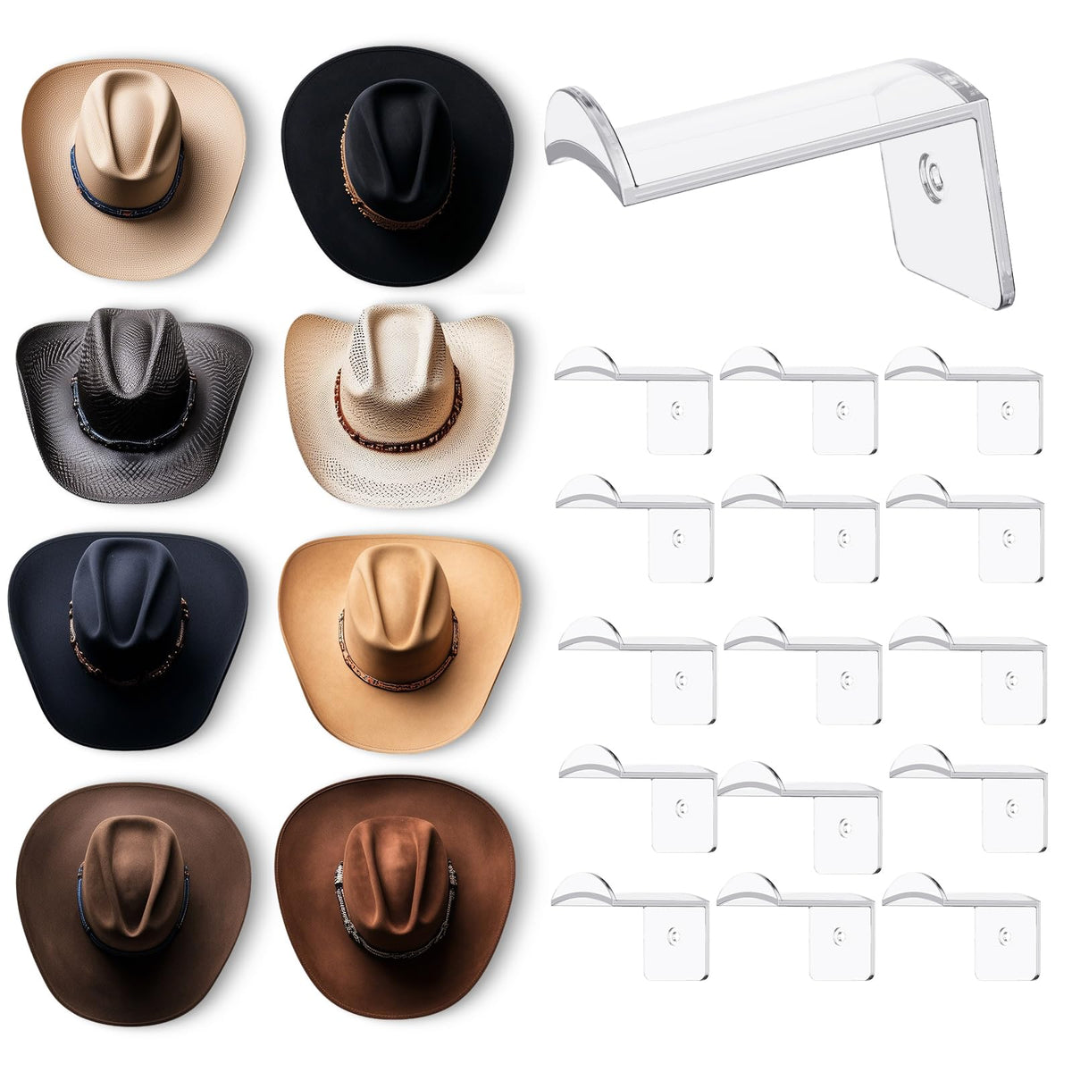 Aoodaily 2.8 Inch Hat Hooks for Wall - (8 Pack) Cowboy Hat Rack, Strong Adhesive Cap Holder, Organizer for Baseball Caps, Western Room Decor - Black