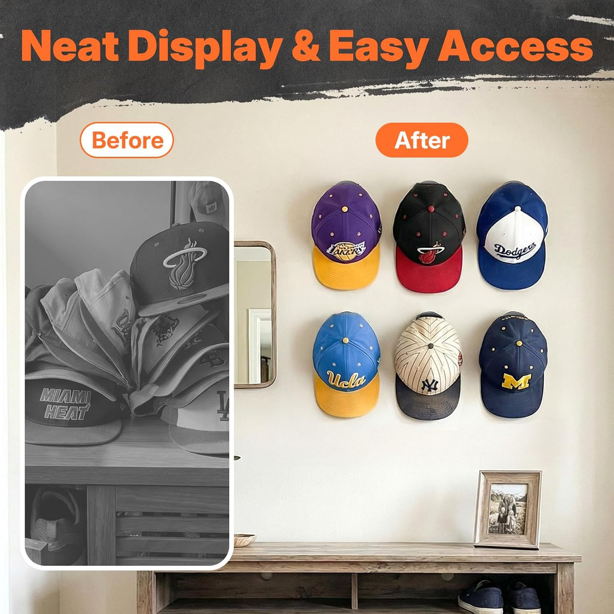 HOUSE DAY Adhesive Hat Hooks for Wall 16 Pack, Black