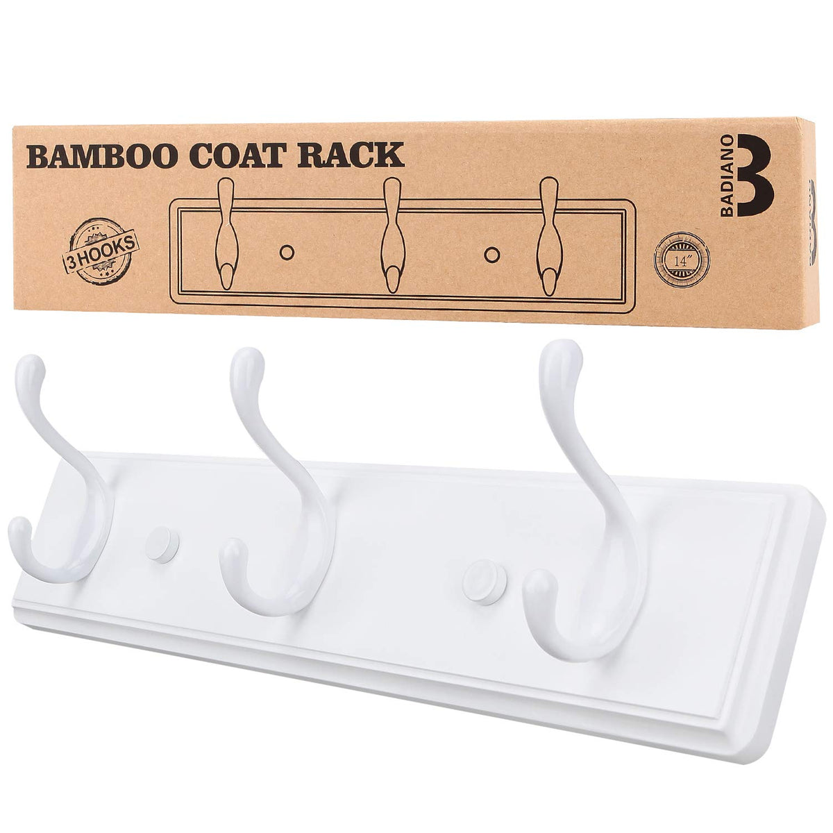 Badiano Heavy Duty Wooden Coat Rack, Wall-Mounted Organizer,14 Inch, White