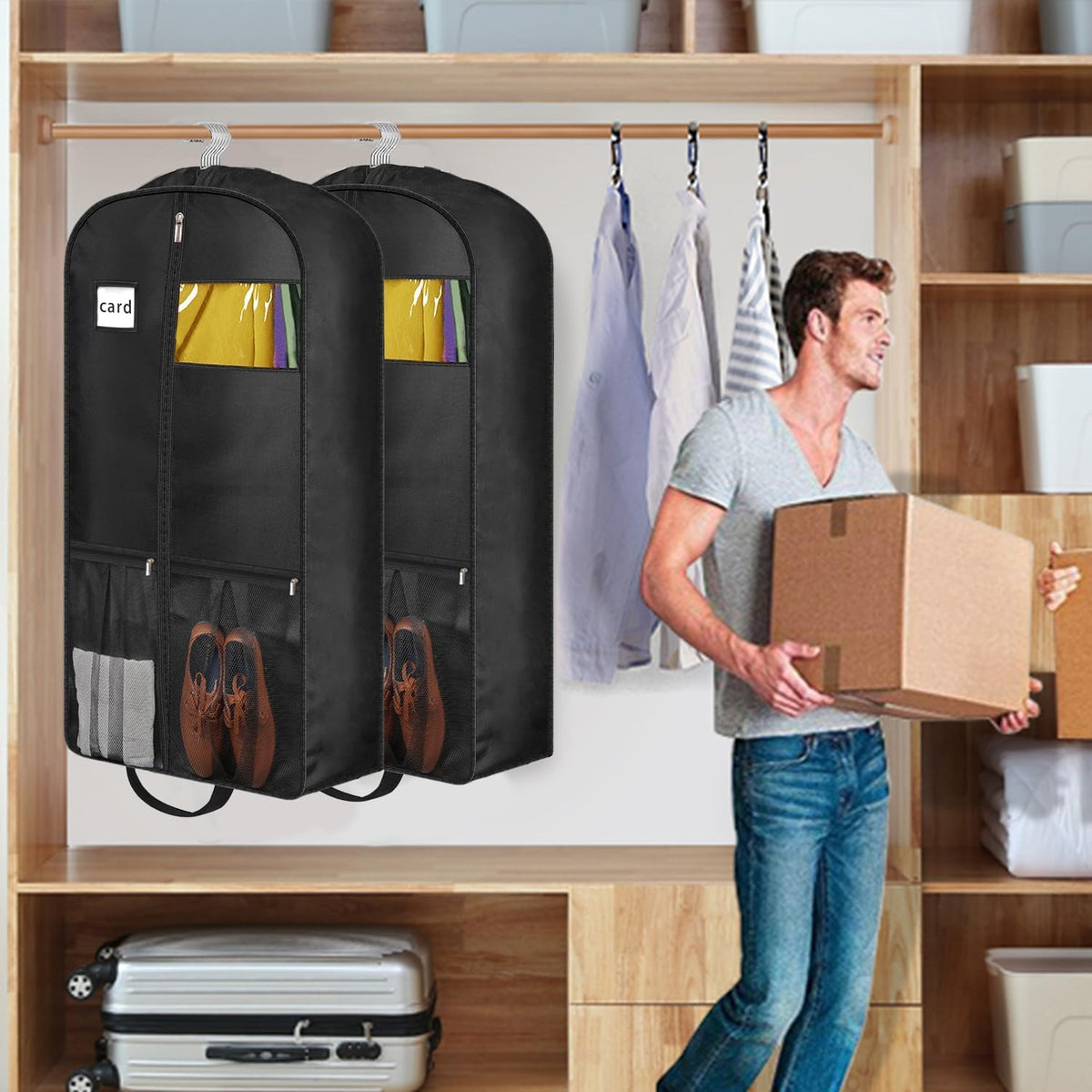 STEPONE 6.5" Gusseted Heavy Duty Garment Bags for Travel 43" Suit Bags for Closet Storage Hanging Clothes Bag with Pockets Mens Suit Holder for Shirts, Coats, Dresses, 2 Pack