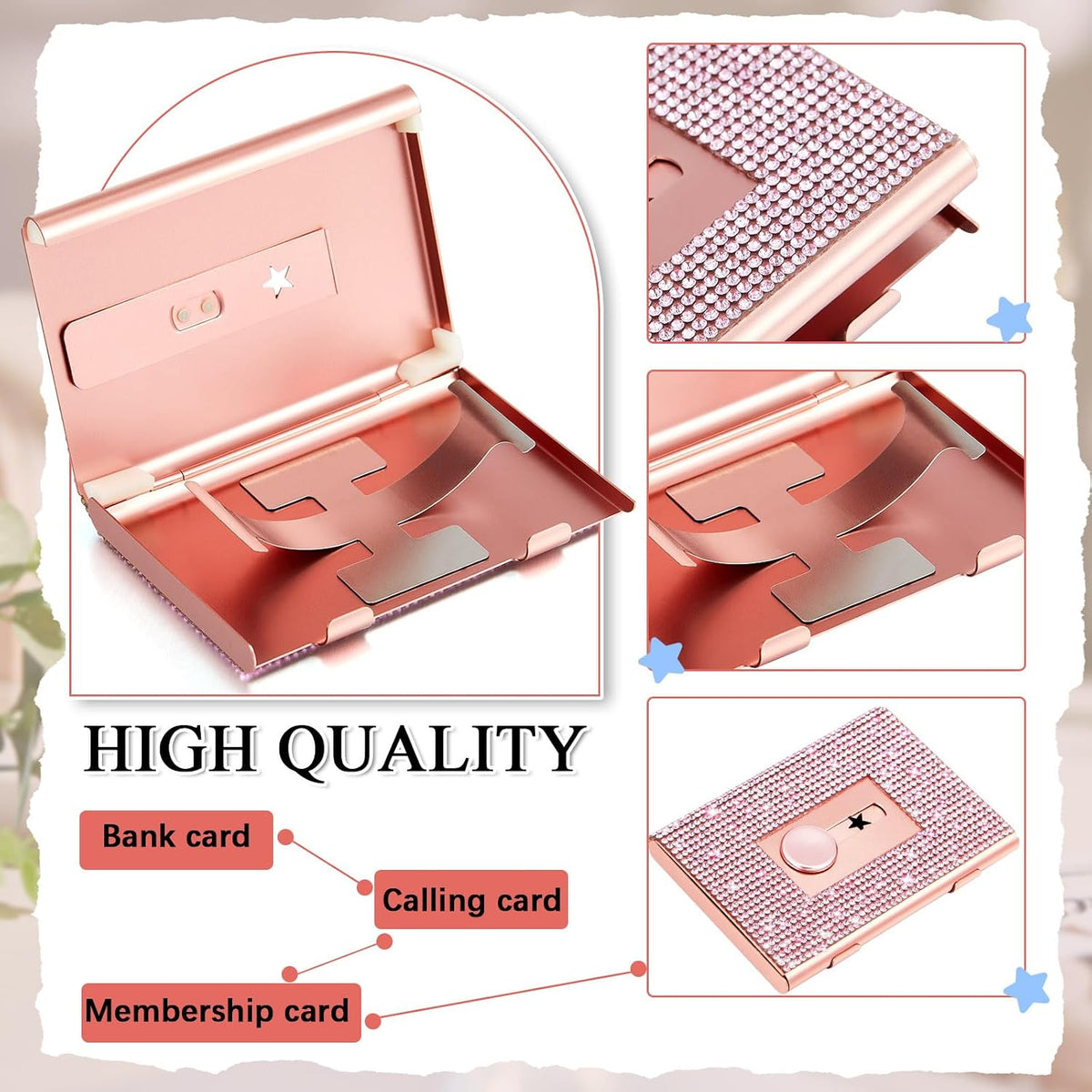 Rhinestone Business Card Holder for Women, Rose Gold