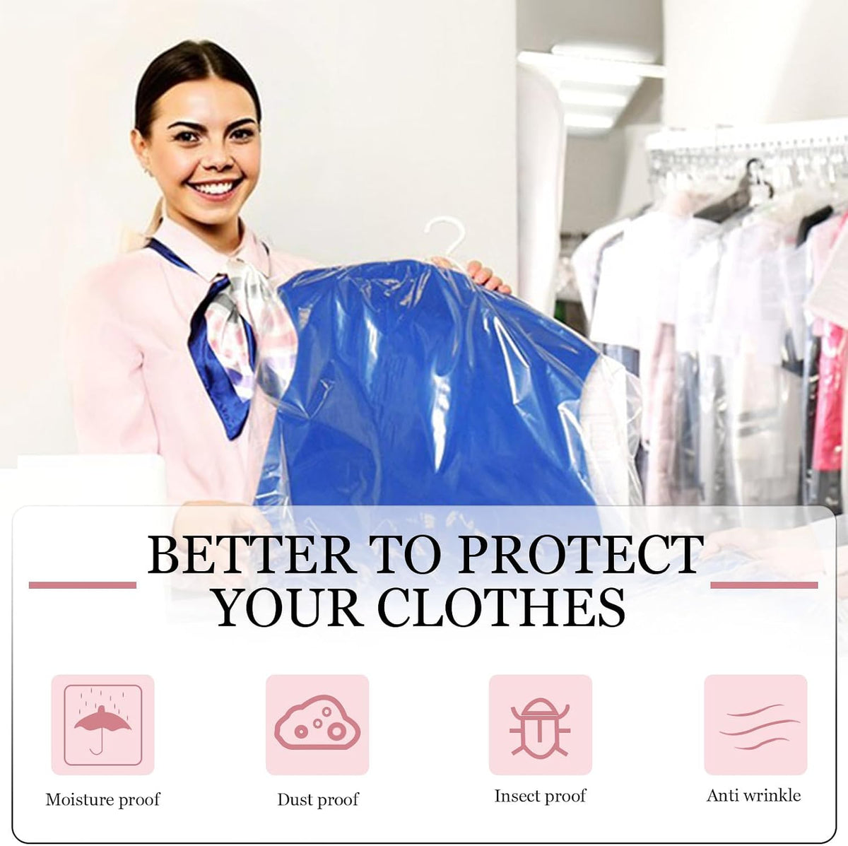 100 Pack Garment Bags for Hanging Clothes 59" Plastic Clear Garment Bags Dry Cleaner Bags Transparent Dust-proof Clothes Covers Bags for Closet Storage, Dry Cleaner, Travel