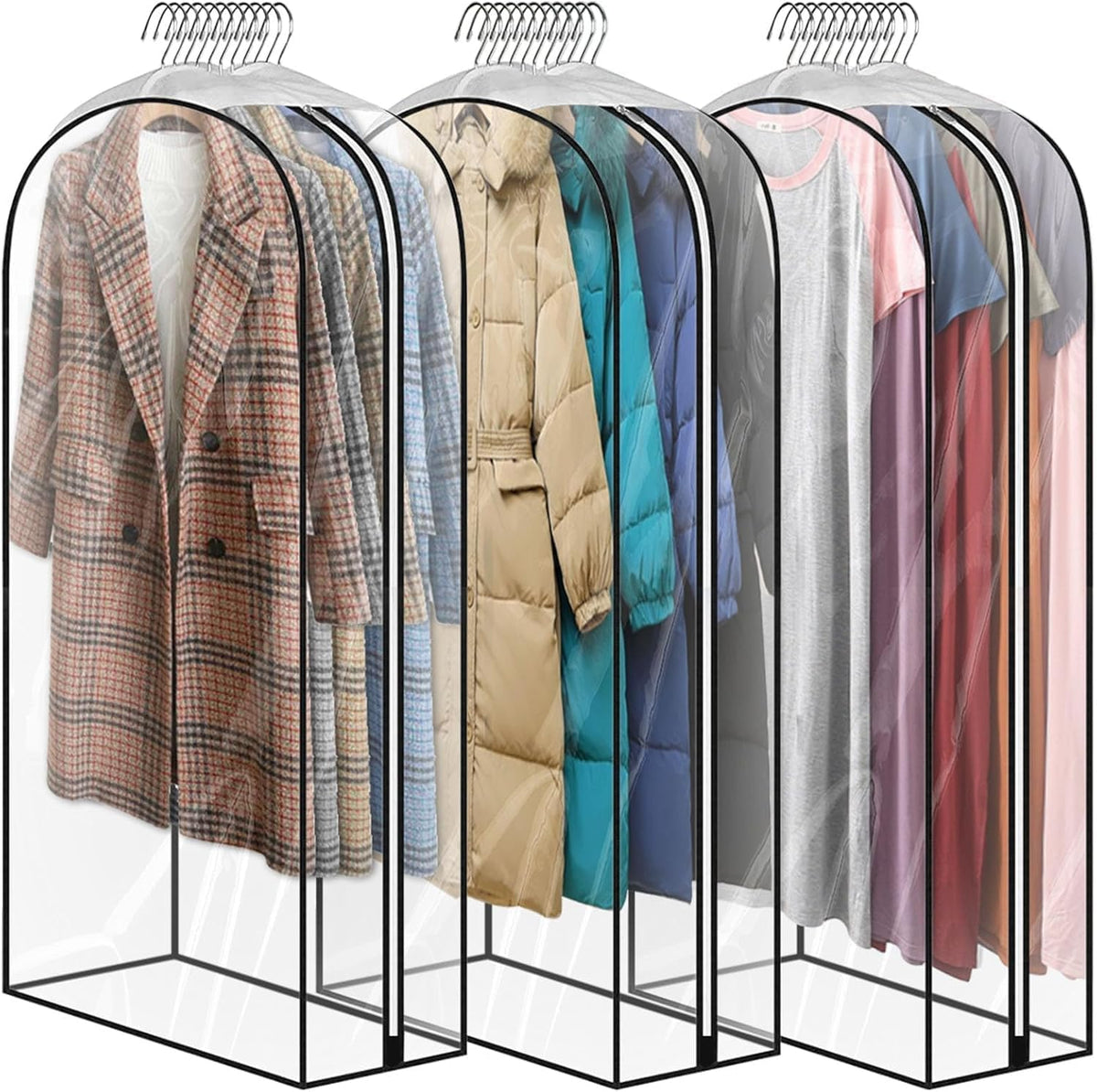 60" Clear Clothes Hangers with Smooth Side Zipper, 10" Gusseted Waterproof Garment Bags for Shirts, Coats, Dresses, Suits, 4 Pack