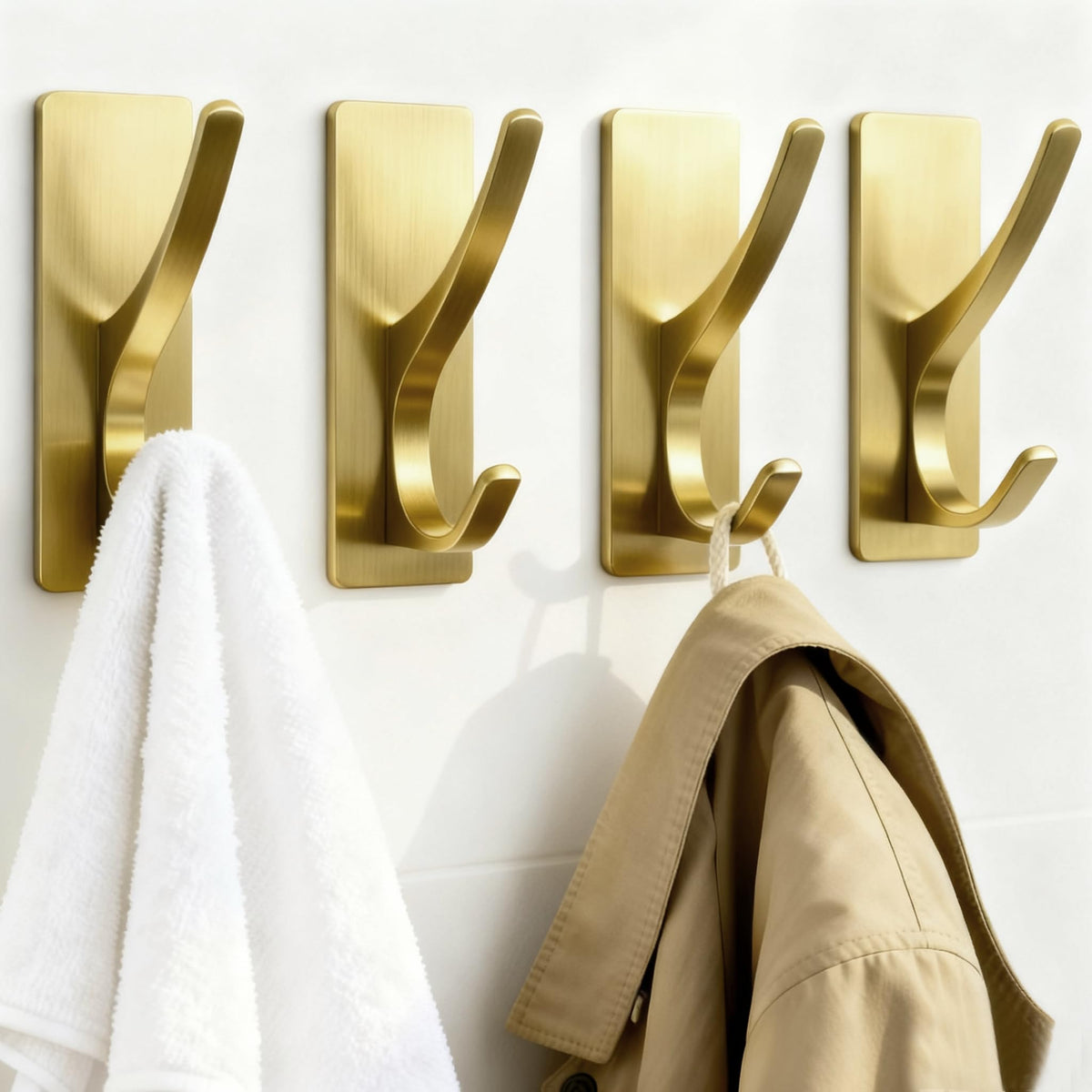 10 Pack Brushed Gold Self Adhesive Coat Hooks for Hanging: 13LB Extra Strong Stainless Double Wall Hook for Towel, Backpack, Hat, Sturdy Metal Hanger for Bathroom, Bedroom, Door, Wall Mounted