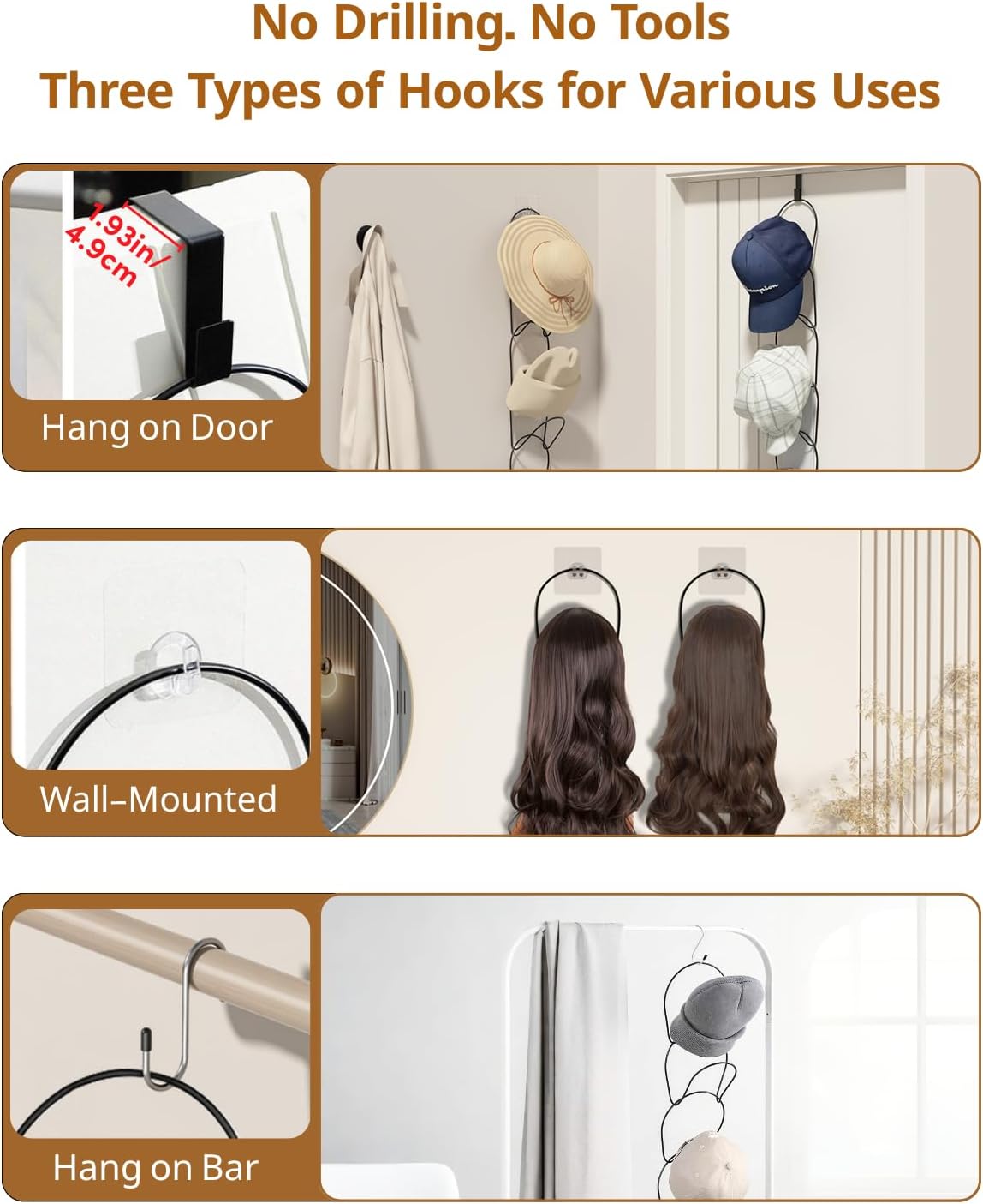 LINFIDITE 10 Pack Hat Rack Hanger Holder Organizer Closet Hanging Baseball Cap Display Storage Rack for Scarves Handbags Towels Clothes Ties Over Door Wall Mounted w Hanging Hook Black