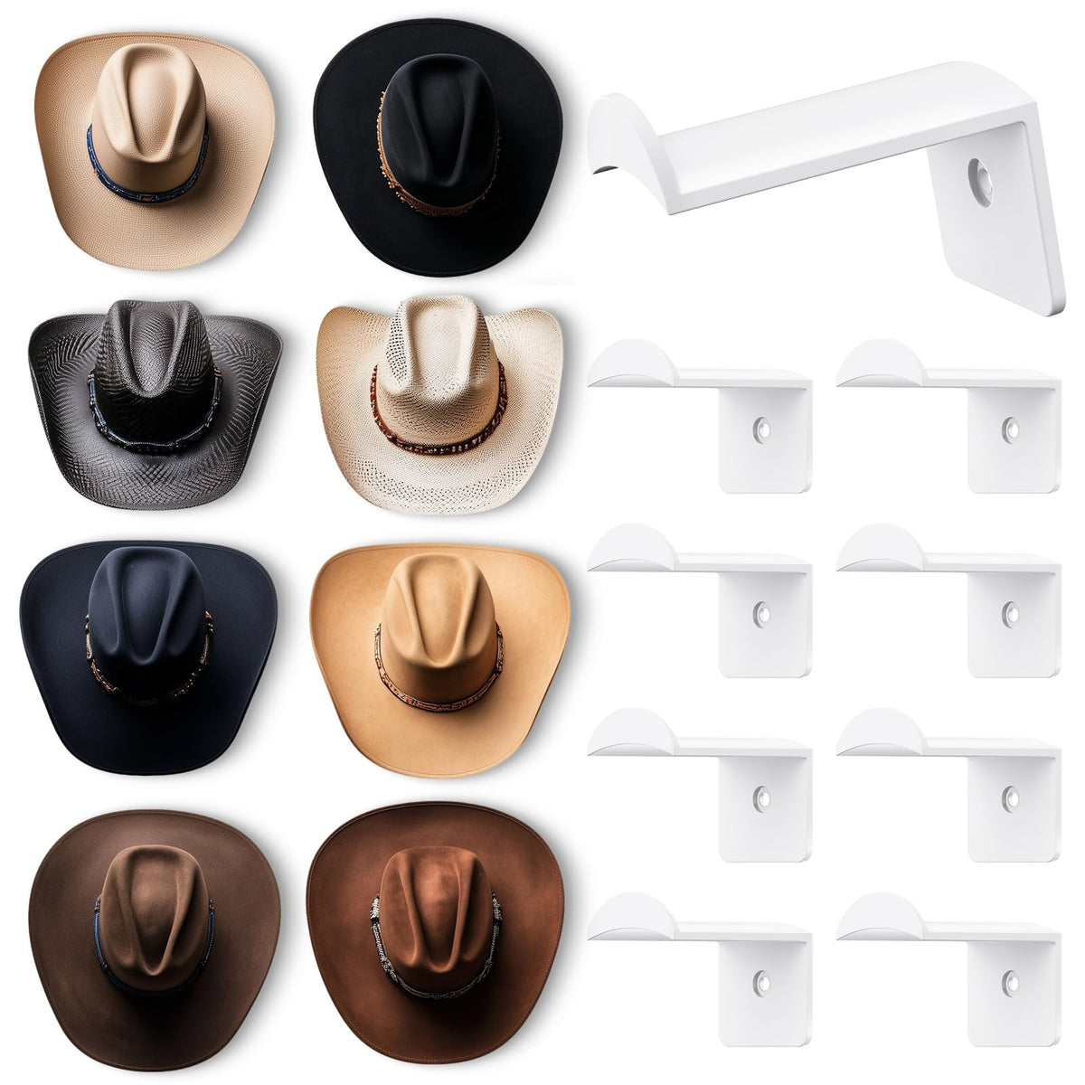 Aoodaily 2.8 Inch Hat Hooks for Wall - (8 Pack) Cowboy Hat Rack, Strong Adhesive Cap Holder, Organizer for Baseball Caps, Western Room Decor - Black