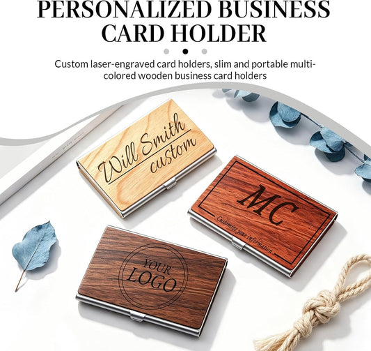 Custom Wooden Engraved Name Logo Slim Business Card Holder For Men