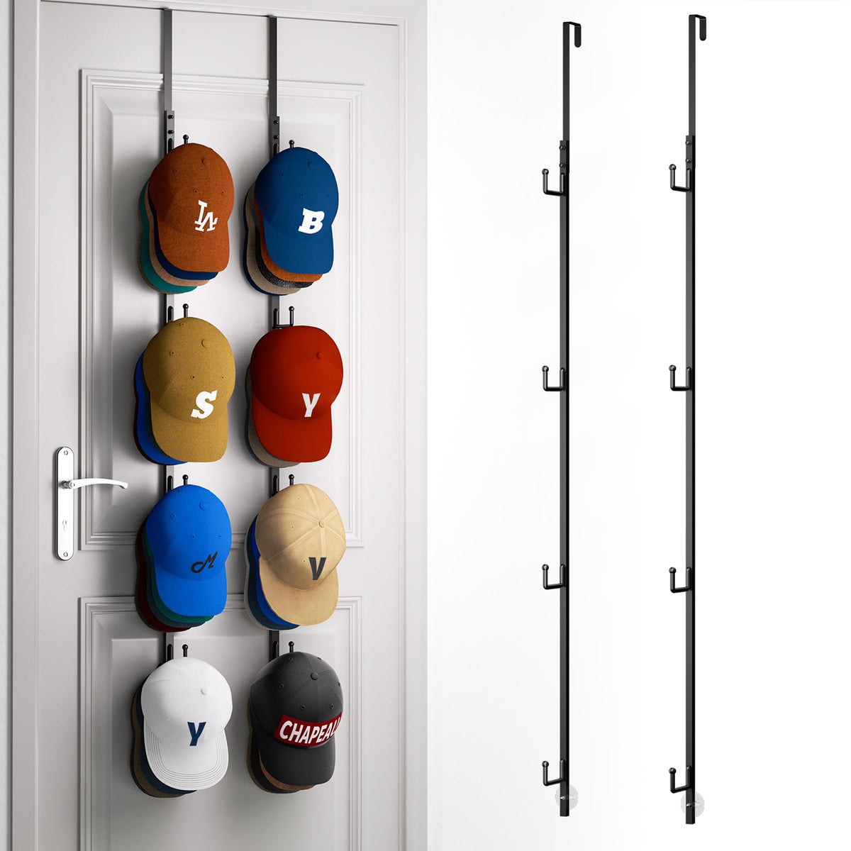 HapiRm Over Door Hat Rack - 2 Packs Hat Organizer with 8 Hooks Design, Hanging Baseball Cap Organizer Storage Holds Up to 40 Caps for Door, Bedroom, Closet (Black)