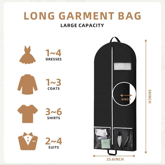54" Garment Bags for Travel and Storage, Travel Suit Bags for Men Women with 2 Clear Pockets, Storage bags for Clothes, Suits, Dress, Shirts, Coats (Black)