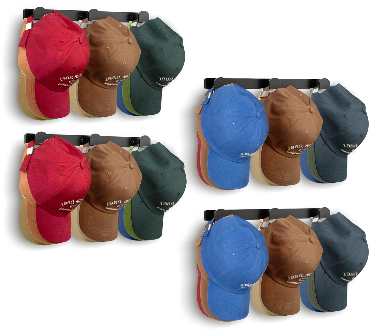 KIMBORA 2 Packs Hat Rack for Wall, Hat Organizer for Baseball Caps, 3 Mounting Options Cap Hook Hanger, Strong Snapback Holder Storage Display for Door, Room, Closet (Black)
