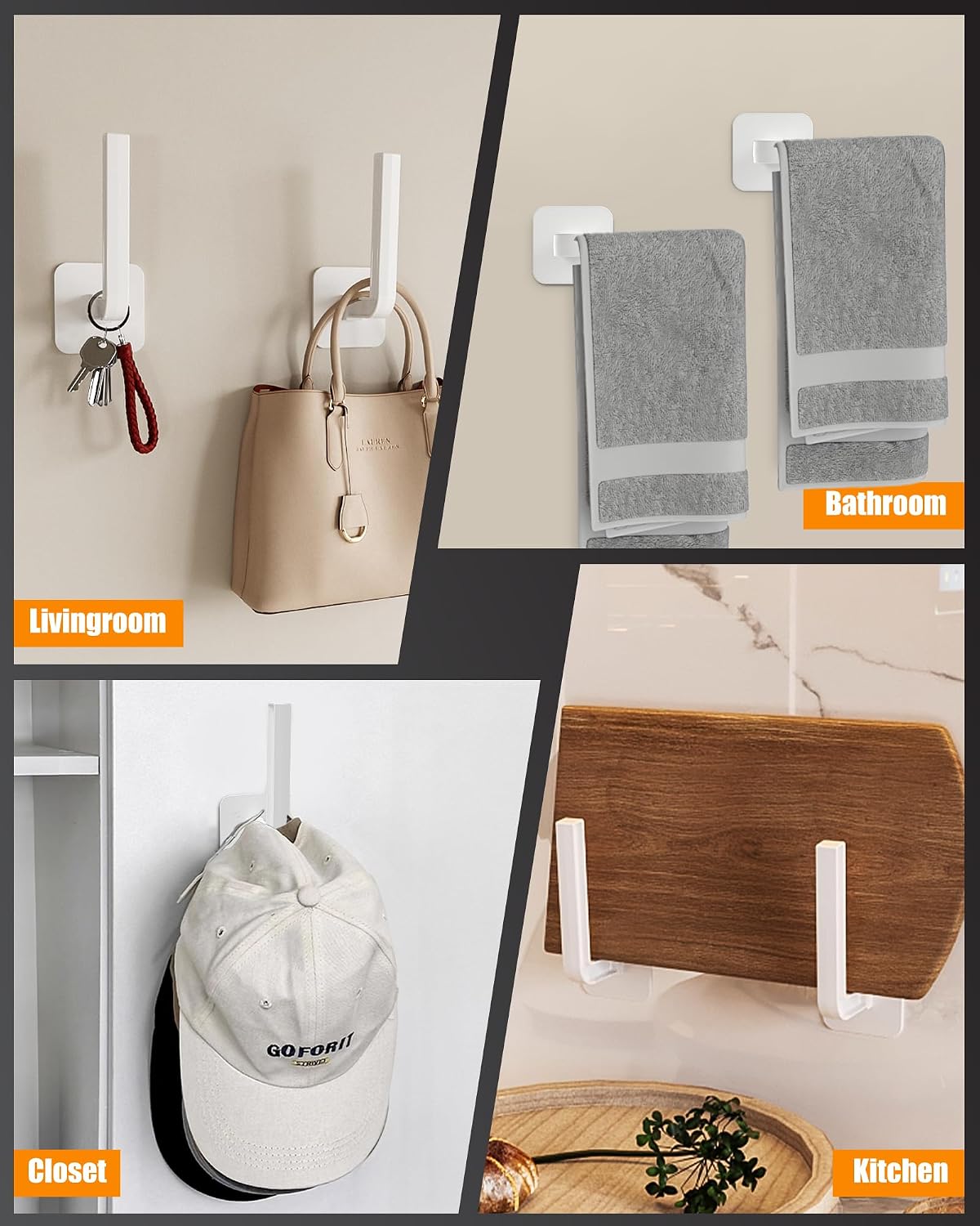 Hat Rack for Hat Storage (4-Pack), Multi-Purpose Hat Organizer, Strong Adhesive Hat Hooks for Wall Organizer for Baseball Caps, Two Mounting Options Hook, White