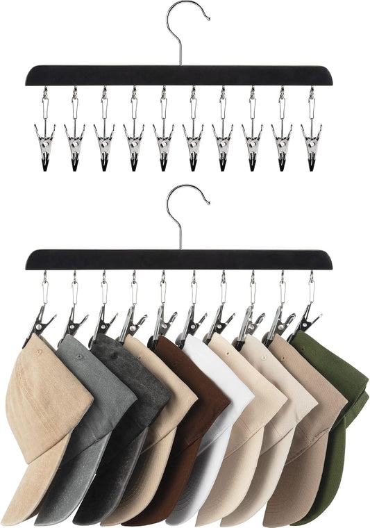 StorageWorks Hat Organizer 2 Pack, Black Cap Hanger Rack with 10 Clips
